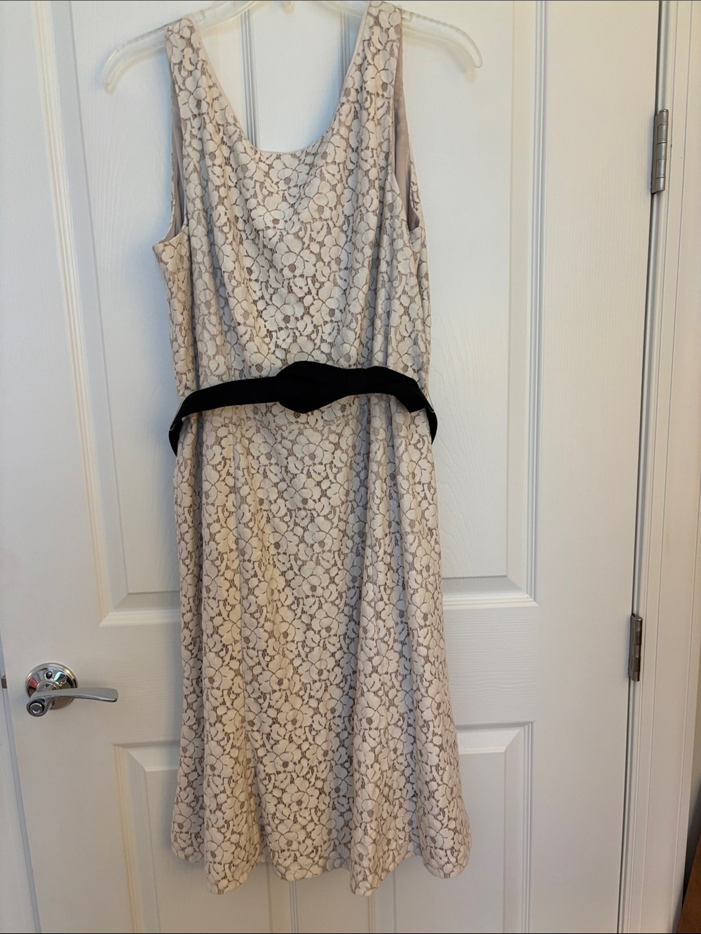 White House Black Market Cream Lace Midi Dress with Black Belt